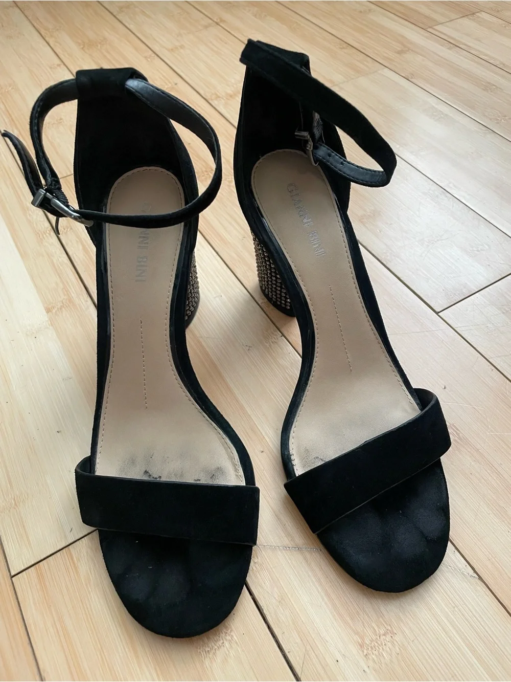 Gianni Bini Black Suede Ankle-Strap Block Heel Sandals with Studded Heel